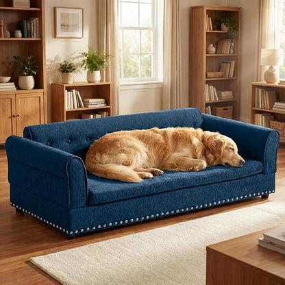 Elevated Dog Sofa for Medium to Large Dogs, Button Tufted Dog Couch Bed with Backrest and Armrests, Durable Memory Foam Pet Bed, Removable Cushion for Medium and Large Dogs, Dark Blue