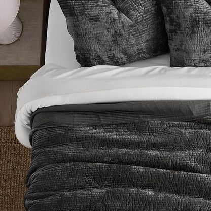 EVERGRACE Velvet Quilt Set Queen Size, Luxurious Soft Quilted Bedding Sets, Lightweight Velvet Comforter for All Season, Striped Channel Bedspread Coverlet with 2 Shams, Washed Black
