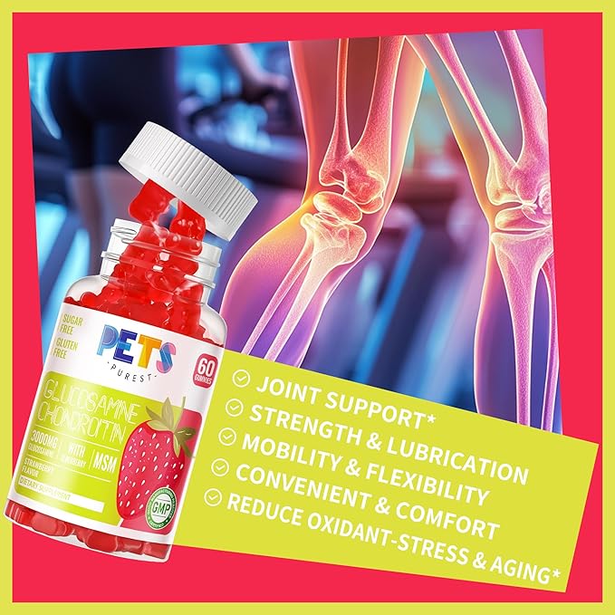 Pets Purest Glucosamine Chondroitin Gummies with MSM & Elderberry Extra Strength - Joint Support, Antioxidant Immune Support Supplement for Adults, Men & Women.Strawberry