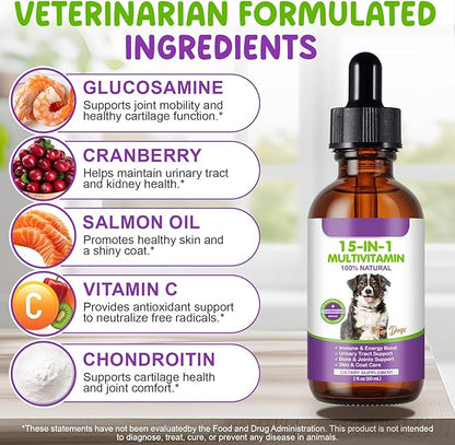 Dog Multivitamin, 15 in 1 Multivitamin for Dogs, Dog Vitamins Liquid Supplements Drops for Hip & Joint, Skin & Coat, Immune, with Glucosamine and MSM, 2 Oz