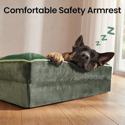 OhGeni Orthopedic Dog Bed Couch Big Cat Sofa for Extra Large Sized Pets with Memory Foam, Machine-Washable Waterproof Removable Cover, Soft Comfortable Fabric, 44-inch (Green)