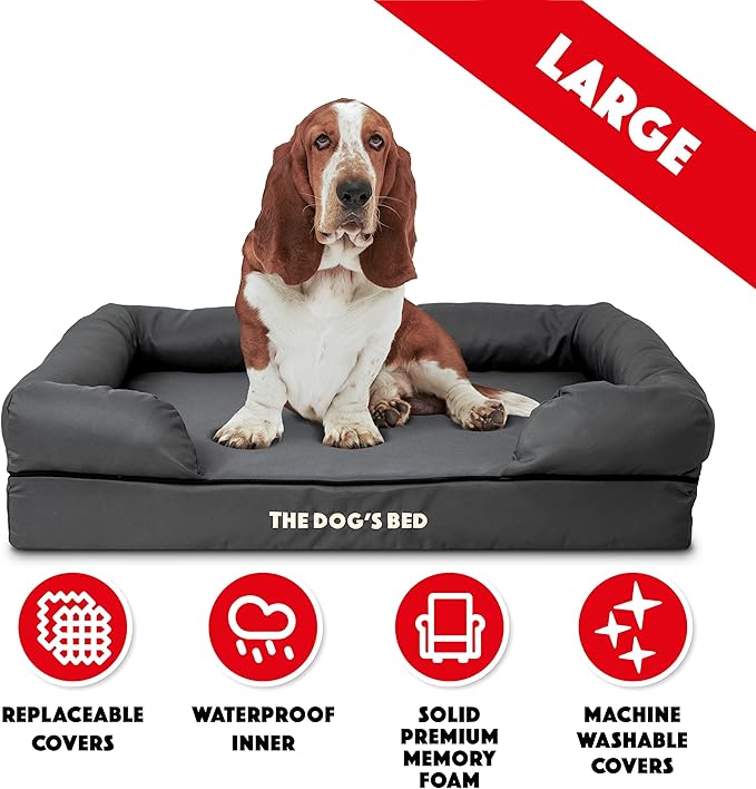 The Dog’s Bed Orthopedic Memory Foam Dog Bed with Bolsters for Large Dogs, High Density Support Mattress, Low Front Entry, Removable Washable Cover, Oxford Fabric, Grey with Black Trim, Large