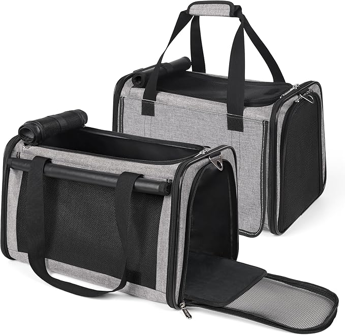 YUDODO 2 Packs 25 lbs Lightproof Soft Sided Cat Carrier for Large Cat & Small Dog Airline Approved Travel Bag Pet Puppy Carriers with Side Pockets & Reflective Mesh, Foldable Portable for Car 2 Grey