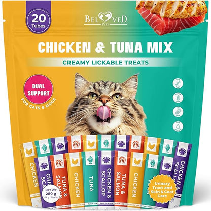 Beloved Pets Creamy Lickable Cat Treats & Wet Squeeze Tubes – Tuna Mix, Liquid Cat Snacks, Urinary Care, Multivitamin Treats for Cats & Small Dogs, Lick Up (10 Ounce, Tuna + Chicken Mix 20 Sticks)