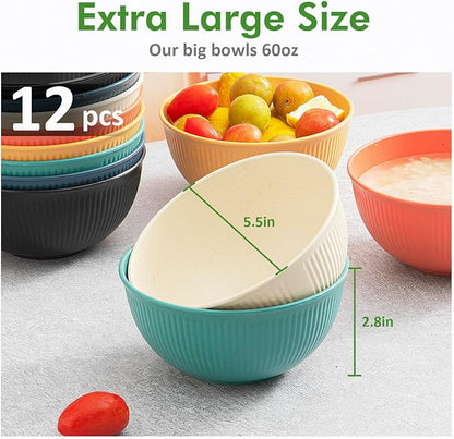 12Pack 24 oz Unbreakable Cereal Bowls, Reusable Plastic Lightweight Bowls, Made from Wheat Straw Fiber, Ideal for Salads, Soups, Ramen, Noodles, and Oatmeal (Red, blue, yellow, dark blue, beige, black