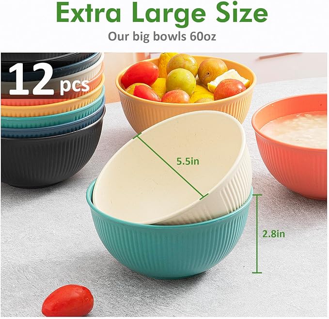 12PCS Unbreakable Cereal Bowls 24 oz, Plastic Reusable Light Weight Bowl, Set of 12, Lightweight Bowls Made of Wheat Straw Fiber Ideal for Salad, Soup, Ramen, Noodles, Oatmeal