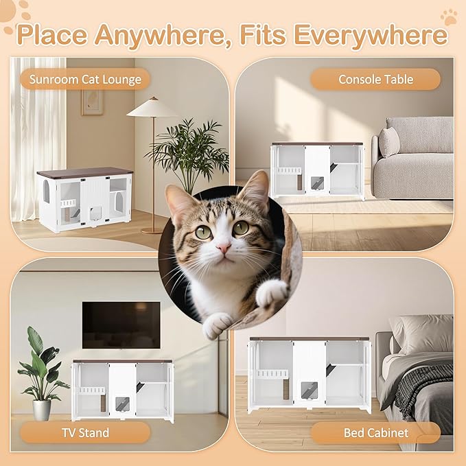 LUMISOL Indoor Cat House with LED Light, Large Cat Litter Box Enclosure with Stairs and Cat Scratching Post, Hidden Litter Box Cabinet Furniture, Side Table with Smart Doors for Living Room, White