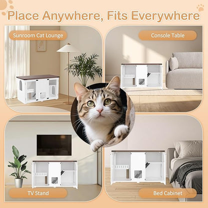 LUMISOL Indoor Cat House with LED Light, Large Cat Litter Box Enclosure with Stairs and Cat Scratching Post, Hidden Litter Box Cabinet Furniture, Side Table with Smart Doors for Living Room, White