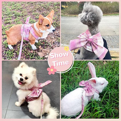 Cute Dog Harness and Leash Set with Bow Tie Soft Mesh Plaid Girl Puppy Harness No Pull Pet Cat Dog Vest Harness for Small Dogs Chihuahua Rabbit Outfit (Pink,L)