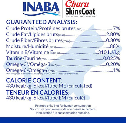 INABA Churu Lickable Purée Natural Cat Treats for Skin and Coat with Omega Oils, Taurine and Vitamin E, 0.5 Ounces Each, 24 Tubes (Four Per Package), Chicken Recipe