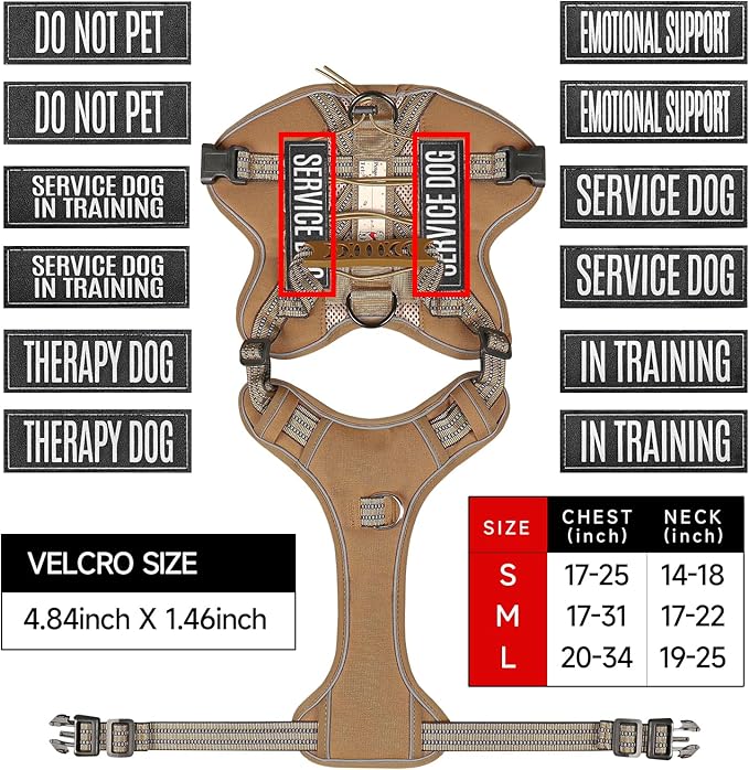 Service Dog Tactical Vest Harness and Leash Set Medium Sized Dog Emotional Support- Tactical Dog Harness Training Collar with Name (Khaki, S)