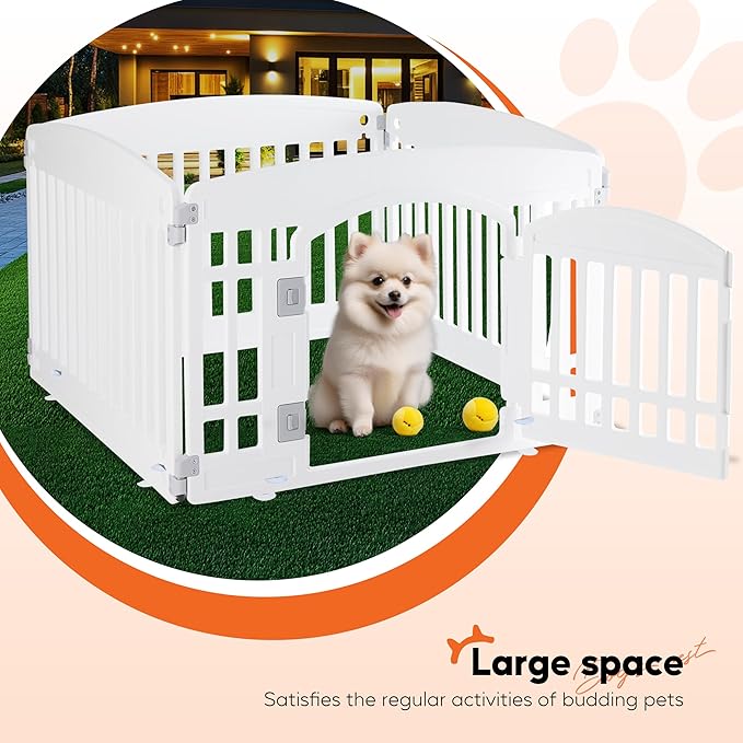 HealSmart 4 Panel Dog Playpen, 24” Exercise Puppy Playpen with Door, Safe, Secure, Folding & Portable Pet Playpen for Indoor & Outdoor Use, Suitable for Puppies and Small, White