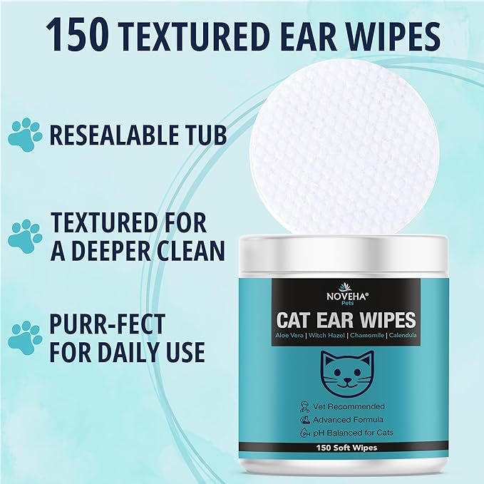 NOVEHA Cat Ear Wipes that Gently Clean & Soothe Sensitive Cat Ears; Soft Ear Cleaner for Removing Wax, Dirt & Odor; Alcohol-Free Ear Care with pH Balanced Formula; Unscented Grooming Care 150pcs