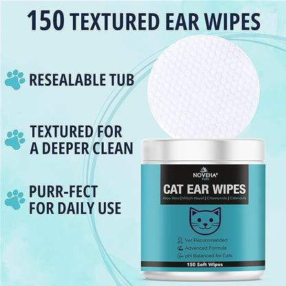 NOVEHA Cat Ear Wipes that Gently Clean & Soothe Sensitive Cat Ears; Soft Ear Cleaner for Removing Wax, Dirt & Odor; Alcohol-Free Ear Care with pH Balanced Formula; Unscented Grooming Care 150pcs