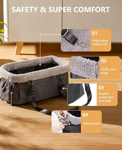BurgeonNest Dog Carseat for Small Dog, Upgraded Console Pet Booster Seat with Metal Frame, Pet Carseat with Double Protection Seat Belts, Washable Cushion, Safety Leash and Storage Pocket(Large)