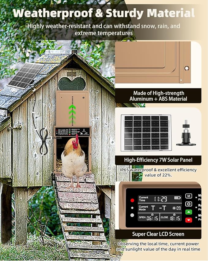 Automatic Chicken Coop Door Solar Powered, Pet Deluxe Chicken Door with Programmable Timer & Light Sensor, Anti-Pinch Safety, 7W Solar Panel, Aluminum Alloy with 10 Wire Clips Solar Chicken Door-Brown