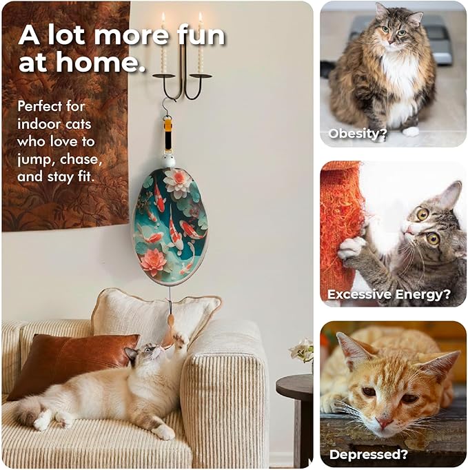 OtterVerz 11 Interactive Cat Toys for Indoor Cats, Automatic Concealed Hide and Seek Hanging Feather Cat Toy, Rechargeable Motion-Activated Enrichment Toys for Bored Adult Cats (Fish Pond Pattern