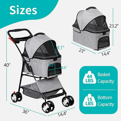 4 Wheels Dog Stroller with Detachable Carrier Folding Pet Strolling Cart for Small Medium Cats Puppies with Storage Basket Cup Holder, Gray