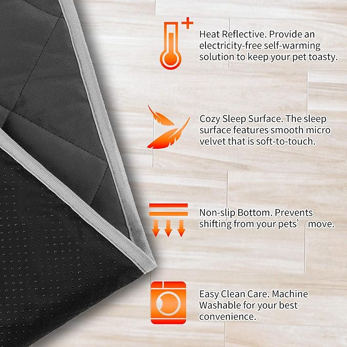 NWK Self Warming Thermal Pet Mat for Dogs and Cats, Body Heat Reflecting Cat Bed Mat, Washable, for Sofa & Crate & Kennel & Car Seat (Obsidian Black, Medium (28'' X 19'' X 0.4''))