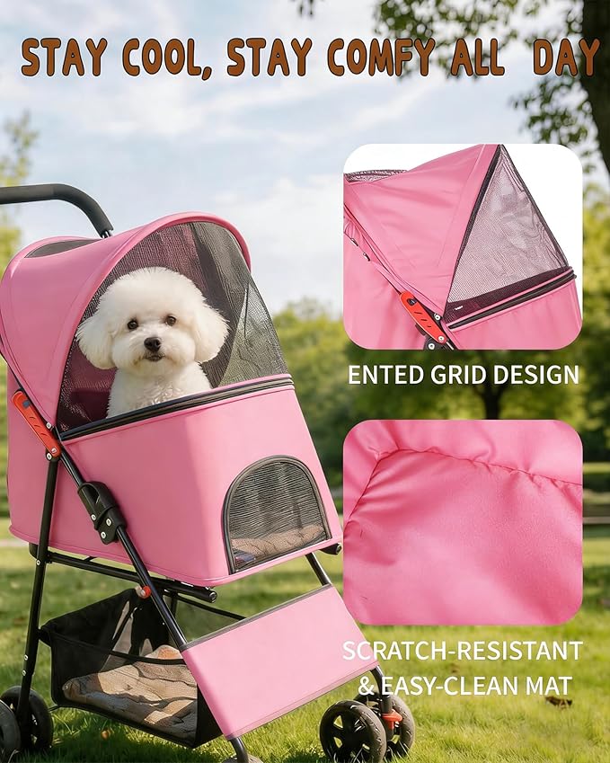 Pet Stroller for Small Medium Dogs Cats - Lightweight 10lbs Foldable Dog Stroller, Breathable Mesh & Safety Tether, 33lbs Capacity with Locking Wheels, Storage Basket for Outdoor Walks-Pink
