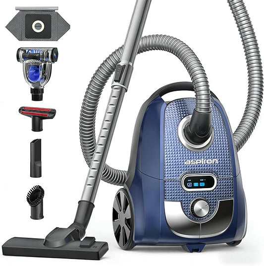 Aspiron Canister Vacuum, 1600W/40KPA Canister Bagged Vacuum, 4QT Dust Bag, H13 HEPA Filter, 5 Tools, Pet-Friendly,Variable Power Control,for Carpets, Hardwood Floors, Stairs, Pet Hair, Household