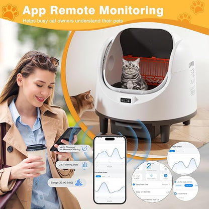 Open Top Self-Cleaning Litter Box with 80L Large Capacity for Multiple Cats, Features Odor-Free Waste Disposal, Safety Sensor, App Control via 2.4 GHz Wi-Fi, Includes 2 Roll Garbage Bags