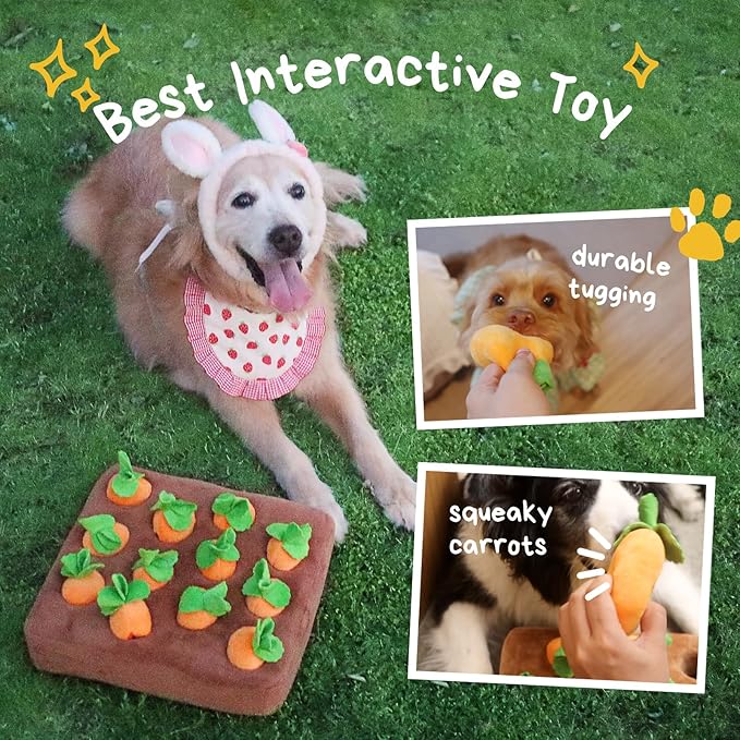 CECE PAW Dog Enrichment Puzzle, Interactive Squeaky Carrot Farm Snuffle Mat for Mental Stimulation and Puppy Brain Training, Small, Medium and Large Dogs (Upgraded Carrots with Treat Pockets)