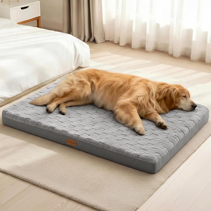 Patas Lague Orthopedic XL Dog Bed Large Sized Dog 48''X30'', Waterproof Soft Comfortable Egg Crate Foam Large Pet Beds Crate Mat with Removable Washable Cover and Nonskid Bottom, Grey
