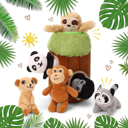 Skylety 7 Pieces Hide and Seek Dog Toys Activity Puppy Chew Squeaky Toys Plush Stuffing Burrow Woodland Stuffing with Squeakers for Small Medium Pets Dogs Puppy Gift(Funny,Small)
