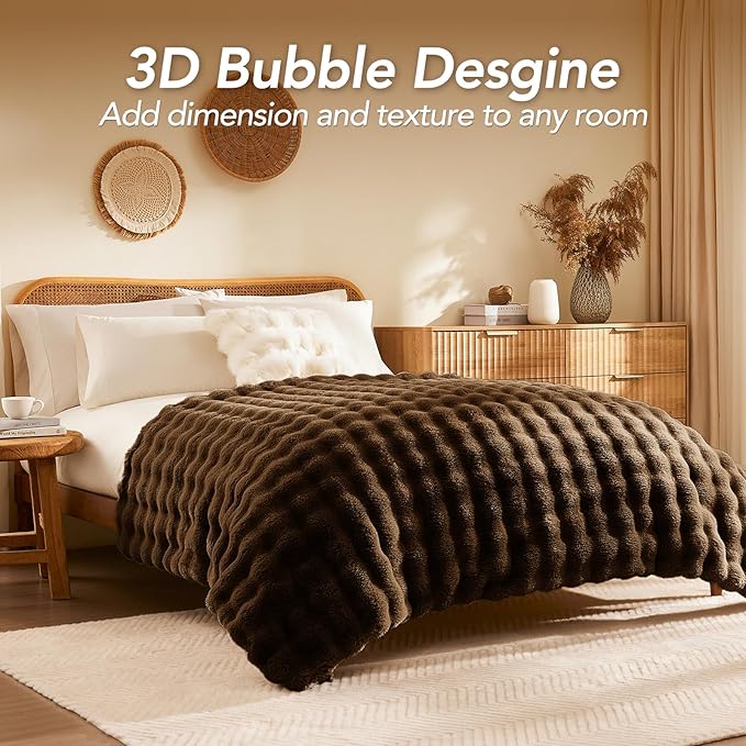 L'AGRATY Faux Rabbit Fur Blanket: 50" x 60" Luxury Soft Fluffy Thick Fur Throw Blanket for Couch Bed Sofa - Cozy Plush Bubble Blankets for Winter: Warm Flannel Fleece Decorative Blanket(Cocoa Brown)