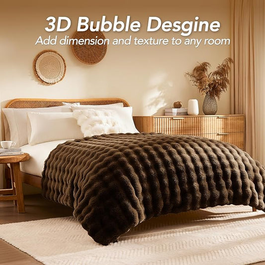L'AGRATY Faux Rabbit Fur Blanket: 50" x 60" Luxury Soft Fluffy Thick Fur Throw Blanket for Couch Bed Sofa - Cozy Plush Bubble Blankets for Winter: Warm Flannel Fleece Decorative Blanket(Cocoa Brown)