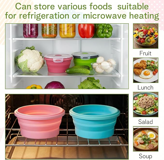 MAQUITA 6 Pcs Bowls with Lids Silicone Camping Food Storage Container Expandable Folding Salad Lunch Box Travel Container for Hiking Camping