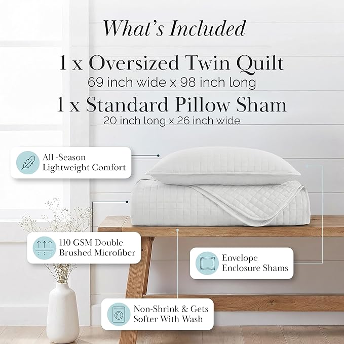 Southshore Fine Living, Inc. XL Twin Quilt Set, Microfiber Quilted Bedspread, White Bedding Twin Coverlet w/Pillow Sham, Pet Hair Resistant Bedding Coverlet Set, Quilted Comforter, Bright White Quilt
