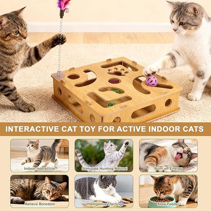 Cat Toys for Indoor Cats, Interactive Wooden Puzzle Toy Box, Stimulate Hunting Drives and Reduce Boredom, Wood Color