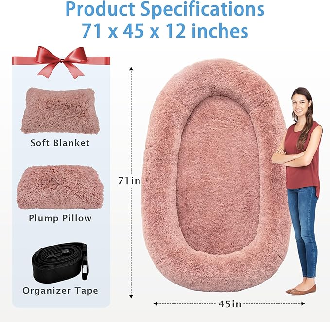 Human Dog Bed, 71''x45''x12'' Size Fits People and Pet 10 CM Thick Memory Foam Washable Adult Large Bed Giant Oversize Foldable Dog Bed with Plump Pillow, Blanket, Strap - Pink