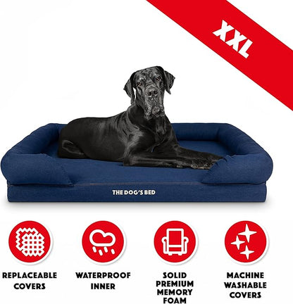 The Dog’s Bed Orthopedic Memory Foam Dog Bed with Bolsters for XXL Dogs, Waterproof Washable Cover, Anti-Slip Base, Calming Surface – CertiPUR-Certified Foam, Denim Fabric, Blue Denim, XXL