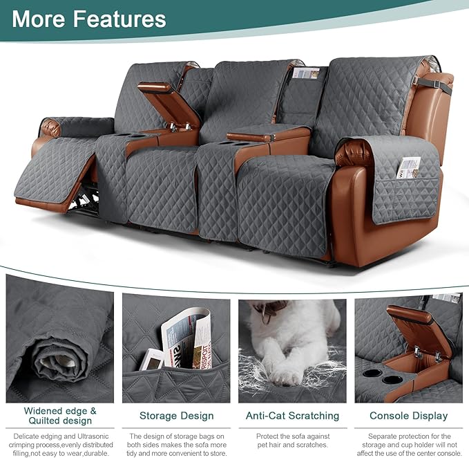 Ruaozz Waterproof Recliner Sofa Cover with Console Non-Slip Couch Covers for Reclining Couches Pet Cover for Double Recliner Sofa Cover with Elastic Straps for Kid Dogs Pets (Dark Grey, 3 Seater)