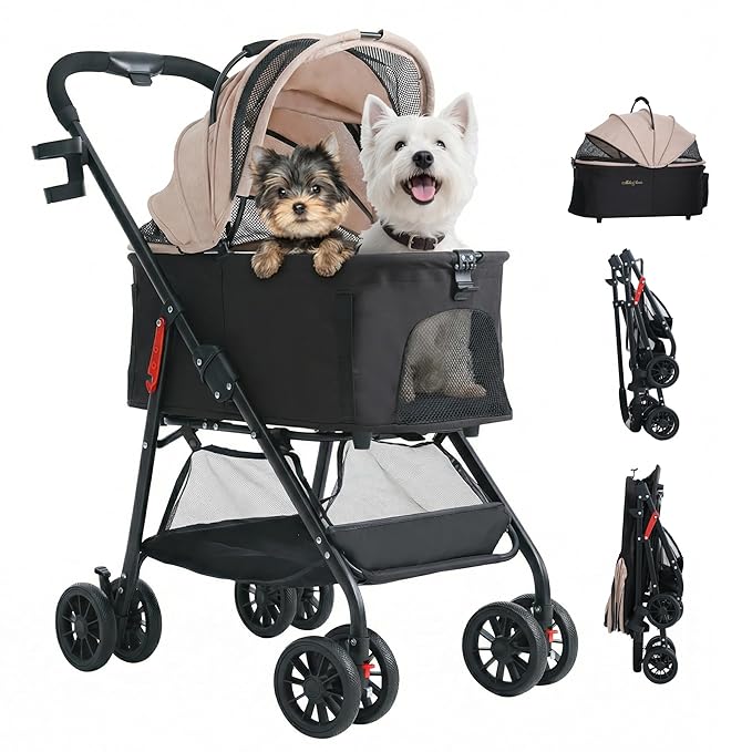 MILA&LOUIS Dog Stroller, 26" Pet Cradle for Medium Dog, Lightweight Foldable Dog Stroller for Multiple Small Pets Durable PU 4-Wheel Dog Strollers, Pet Stroller for Dogs & Cats up to 55Lbs