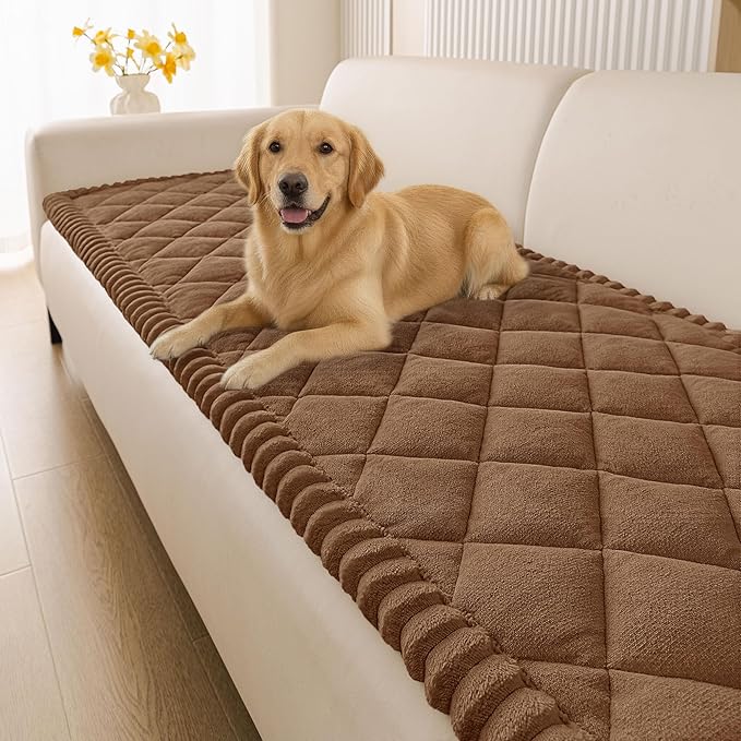 Smiry Fuzzy Couch Cover for Dogs, Non Slip Washable Pet Sofa Cover, Scratch Proof Hair Resistant Plush Sofa Slipcover, Pet Friendly Couch Cushion Protector for Cat, Brown, 27.6" x 82.7"