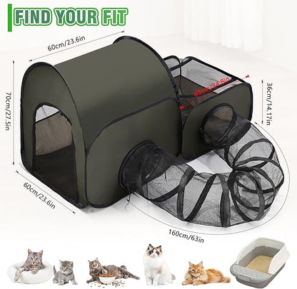 Portable Cat Playpen with Surround Tunnel, 2-Linked-Enclosed Areas, Ideal Cat Tent Outdoor or Cat Playpen for Indoor Cats Enclosed.Breathable Mesh Design for Indoor & Outdoor Use(Green)