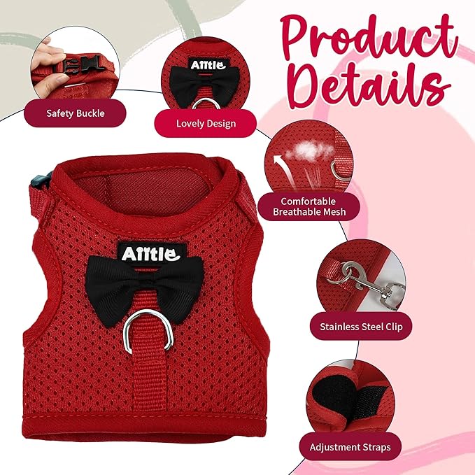 AIITLE Christmas Bunny Harness and Leash Set with Cute Bow, Soft Breathable Mesh Vest Harness for Rabbits Kitten Ferret Small Pig Puppy Walking Supplies Red M