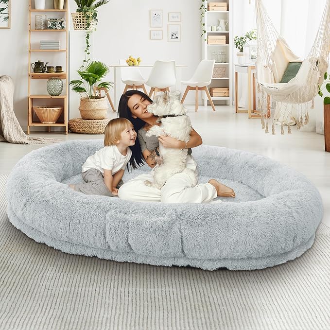 Human & Dog Bed - 71''x45''x12'' Fits People & Pets, 10 CM Thick Memory Foam, Washable, Adult & Large Size, Giant Oversize, Foldable with Plump Pillow, Blanket, Strap - Grey