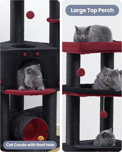 Cat Tree Tower for Large Cats Adult - 60 Inch XXL Sturdy Heavy Duty Extra Wide Scratching Posts (φ4.4in) Condo - Indoor Big Cat House Hammock Perch - XL Wood Multi Level Feline Pet Bed Trees Houses