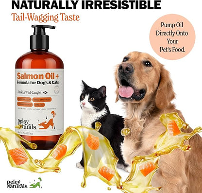 Deley Naturals Wild Alaskan Salmon Oil for Dogs & Cats - New and Improved Salmon Oil Plus Formula - Fish Oil for Dogs with Omega 3, DHA and EPA - Omega 3 for Healthy Skin and Coat - 8oz Made in USA