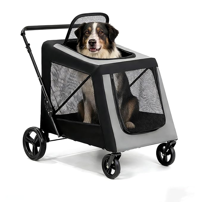 Extra Large Dog Stroller for Large Dogs Up to 130 lbs, Heavy Duty Pet Stroller with Breathable Mesh, Easy Fold Travel Pet Cart with Cup Holder, Adjustable Handle, Secure Safety Belts