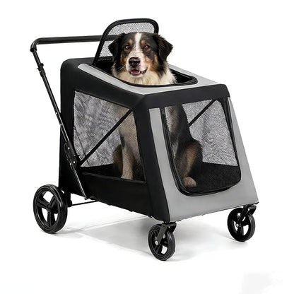 Extra Large Dog Stroller for Large Dogs Up to 130 lbs, Heavy Duty Pet Stroller with Breathable Mesh, Easy Fold Travel Pet Cart with Cup Holder, Adjustable Handle, Secure Safety Belts