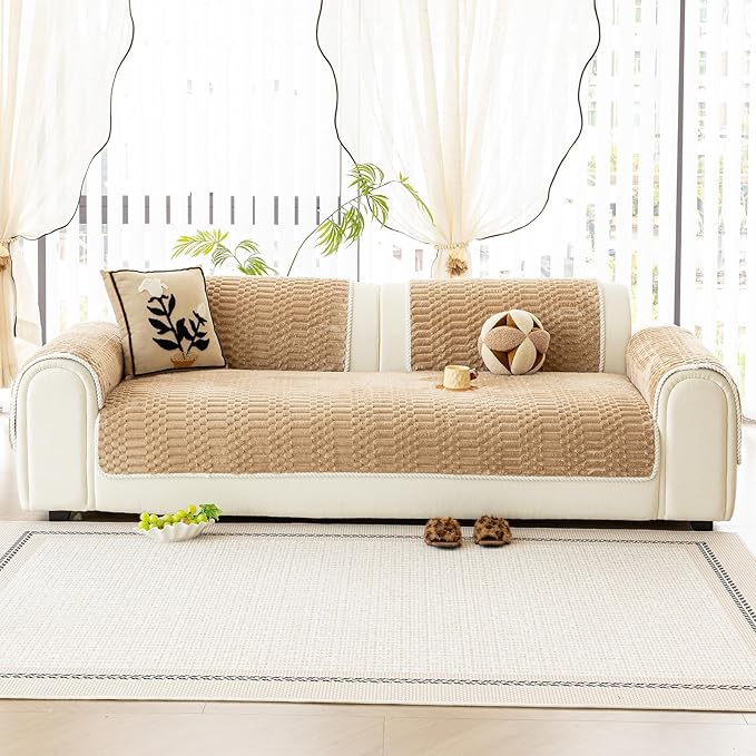 Plush Warm Sofa Covers Washable, Funny Fuzzy Couch Cover for Dogs Washable, Non-slip Couch Covers for Sectional Sofas, Soft Sofa Slipcover for Pet & Kid(1PC, Light Brown, 36"×94", Single Seater)