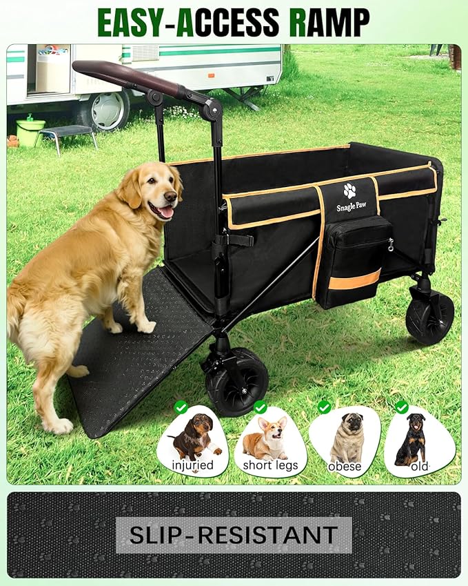 Snagle Paw Dog Wagon for Medium Large Dogs up to 200lbs | All Terrain Foldable Large Pet Stroller with Ramp & Tailgate (Extra Space), Dog Wagon Cart Adjustable Handle & One-Step Brake