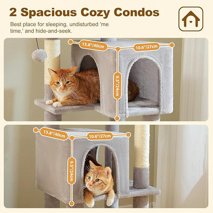 PAWZ Road Cat Tree Tower 62 Inches Cat Tree with 2 Condos,2 Large Perch,4 Scratching Posts & 1 Scratching Board, and 2 Hanging Balls for Indoor Cats-Grey