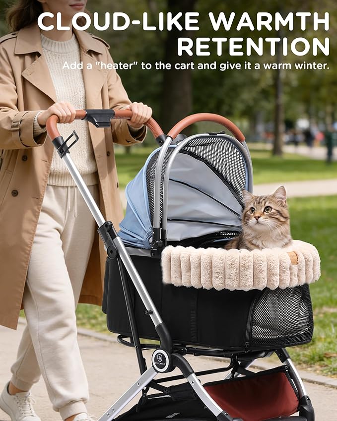 GTPLAYER Pet Stroller with Matching Stroller Mat Set, for Small Dogs and Cats Up to 45 lb, Detachable Carrier, One-Hand Fold, Stroller: Light Bule, Mat: Beige